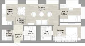 3-к квартира, вторичка, 60м2, 19/22 этаж