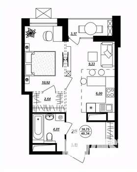 2-к квартира, строящийся дом, 40м2, 17/17 этаж