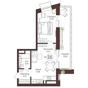 1-к квартира, вторичка, 46м2, 3/23 этаж