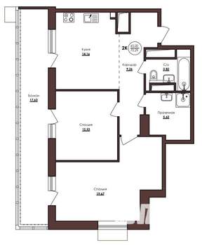 2-к квартира, вторичка, 70м2, 18/23 этаж