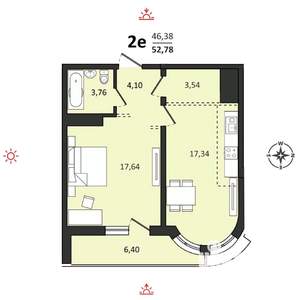 2-к квартира, строящийся дом, 53м2, 18/25 этаж