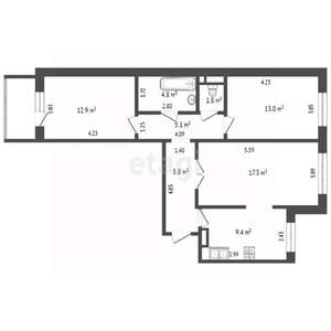 3-к квартира, вторичка, 69м2, 2/5 этаж