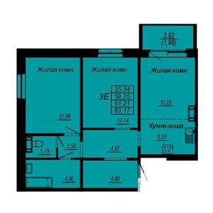 3-к квартира, строящийся дом, 61м2, 6/10 этаж