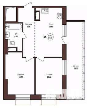 2-к квартира, вторичка, 55м2, 7/23 этаж