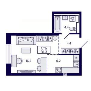 Студия квартира, строящийся дом, 31м2, 13/30 этаж