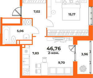 2-к квартира, вторичка, 47м2, 1/10 этаж