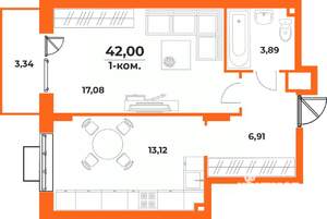 1-к квартира, вторичка, 42м2, 7/10 этаж