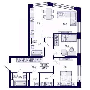 3-к квартира, строящийся дом, 79м2, 17/22 этаж
