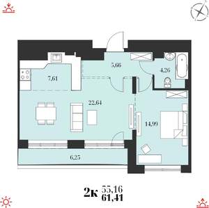 2-к квартира, строящийся дом, 61м2, 14/19 этаж