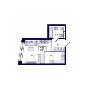 1-к квартира, строящийся дом, 30м2, 26/30 этаж