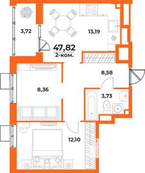 2-к квартира, вторичка, 48м2, 9/10 этаж