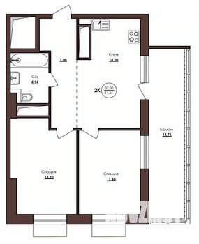 2-к квартира, вторичка, 55м2, 18/23 этаж