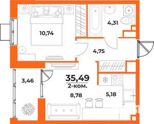 2-к квартира, вторичка, 35м2, 9/10 этаж