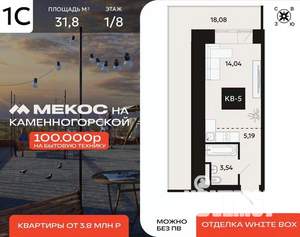 1-к квартира, вторичка, 32м2, 1/8 этаж