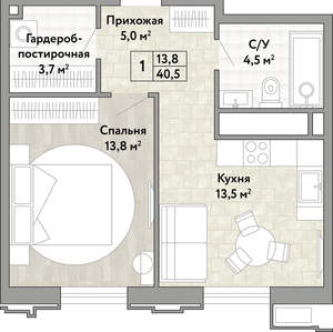 1-к квартира, вторичка, 41м2, 2/21 этаж