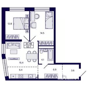 3-к квартира, строящийся дом, 64м2, 8/22 этаж