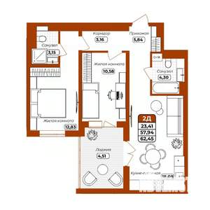 2-к квартира, вторичка, 62м2, 2/12 этаж