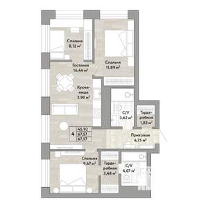 4-к квартира, вторичка, 68м2, 22/22 этаж