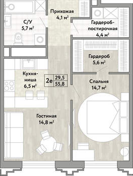 2-к квартира, вторичка, 56м2, 16/21 этаж