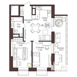 2-к квартира, вторичка, 55м2, 14/23 этаж