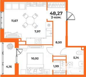 2-к квартира, вторичка, 48м2, 1/10 этаж