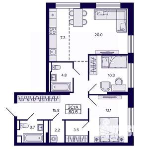 3-к квартира, строящийся дом, 81м2, 2/22 этаж