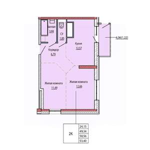 2-к квартира, строящийся дом, 50м2, 22/25 этаж