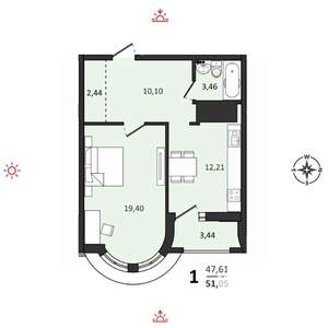 1-к квартира, вторичка, 49м2, 22/25 этаж