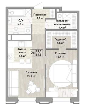 2-к квартира, строящийся дом, 56м2, 2/21 этаж