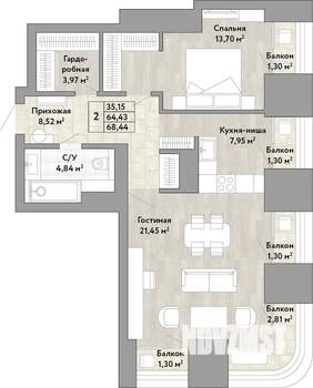 2-к квартира, вторичка, 64м2, 19/22 этаж