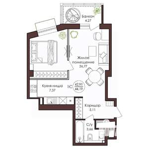 1-к квартира, вторичка, 44м2, 21/23 этаж