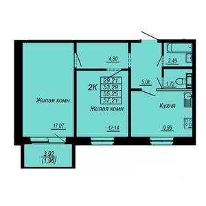 2-к квартира, строящийся дом, 55м2, 1/10 этаж