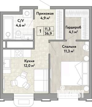 1-к квартира, вторичка, 36м2, 16/21 этаж