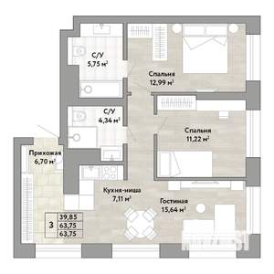 3-к квартира, строящийся дом, 64м2, 3/22 этаж