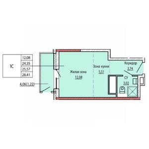 1-к квартира, строящийся дом, 25м2, 18/25 этаж