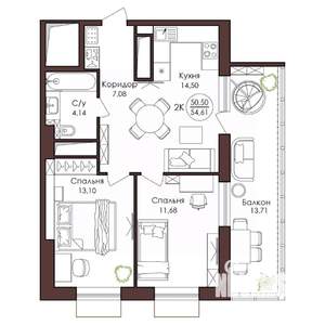 2-к квартира, вторичка, 55м2, 17/23 этаж