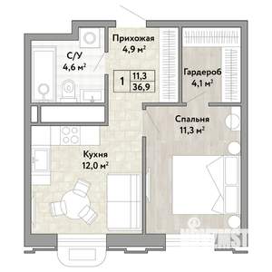 1-к квартира, строящийся дом, 37м2, 17/21 этаж