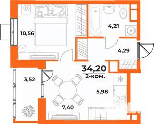 2-к квартира, вторичка, 34м2, 6/10 этаж