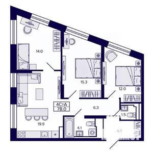4-к квартира, строящийся дом, 78м2, 16/30 этаж