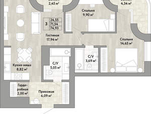 3-к квартира, вторичка, 72м2, 18/22 этаж