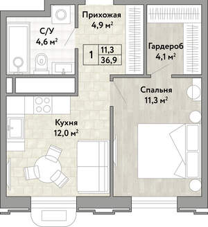 1-к квартира, вторичка, 37м2, 19/21 этаж