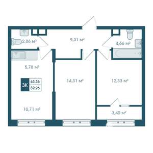 3-к квартира, строящийся дом, 63м2, 8/19 этаж