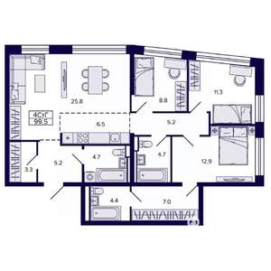 4-к квартира, строящийся дом, 100м2, 22/22 этаж
