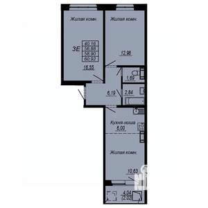 3-к квартира, строящийся дом, 59м2, 6/10 этаж