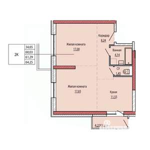 2-к квартира, строящийся дом, 61м2, 6/25 этаж