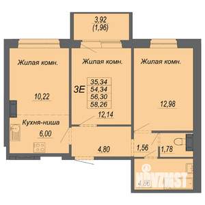 3-к квартира, строящийся дом, 56м2, 1/10 этаж