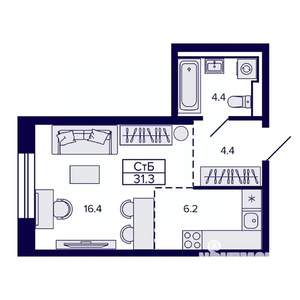 1-к квартира, строящийся дом, 31м2, 16/30 этаж