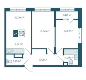 3-к квартира, вторичка, 67м2, 9/15 этаж
