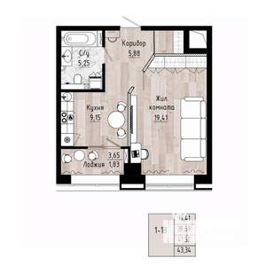 1-к квартира, вторичка, 42м2, 3/15 этаж