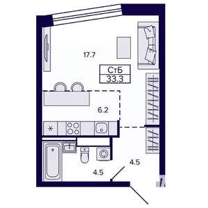 Студия квартира, строящийся дом, 33м2, 16/22 этаж
